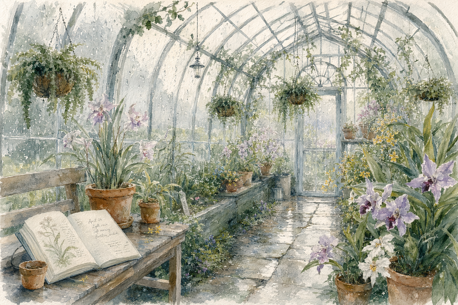 GPT-Image-2 Case · Watercolor of Plants in a Greenhouse in the Rain